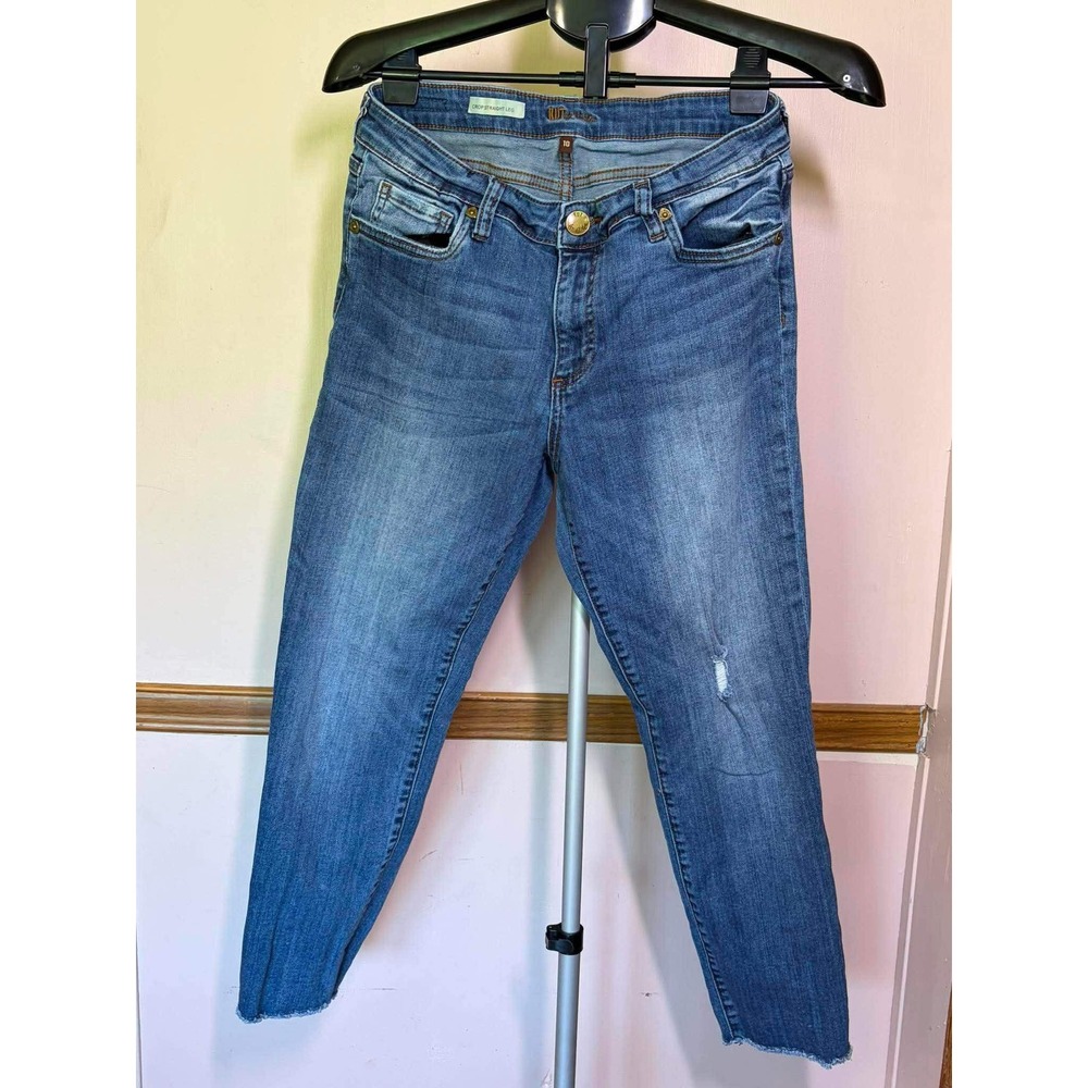 Kut from the Kloth Crop Straight Leg Jeans Blue Medium Wash Raw Hem Size 10